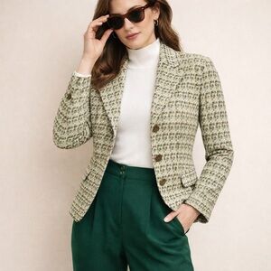 Talbots Women Green Tweed Wool Blend Sz-16 Blazer Jacket Artsy Old Money Preppy